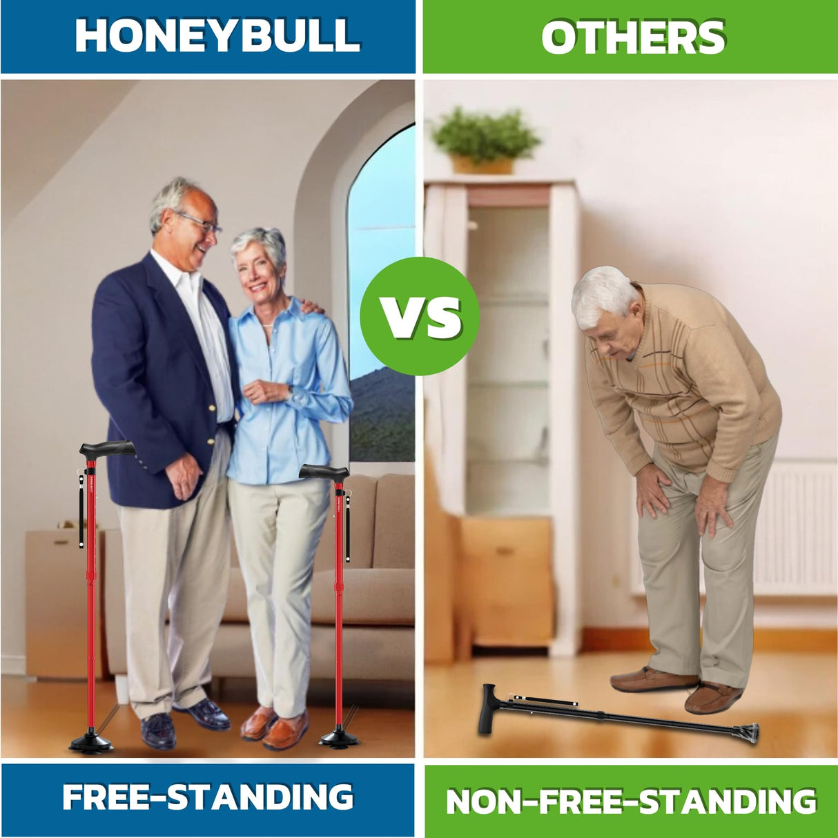 HONEYBULL Walking Cane for Men & Women Foldable, Adjustable, Heavy Duty, Free Standing, All Terrain, Collapsible Walking Sticks for Seniors & Adults (Red)