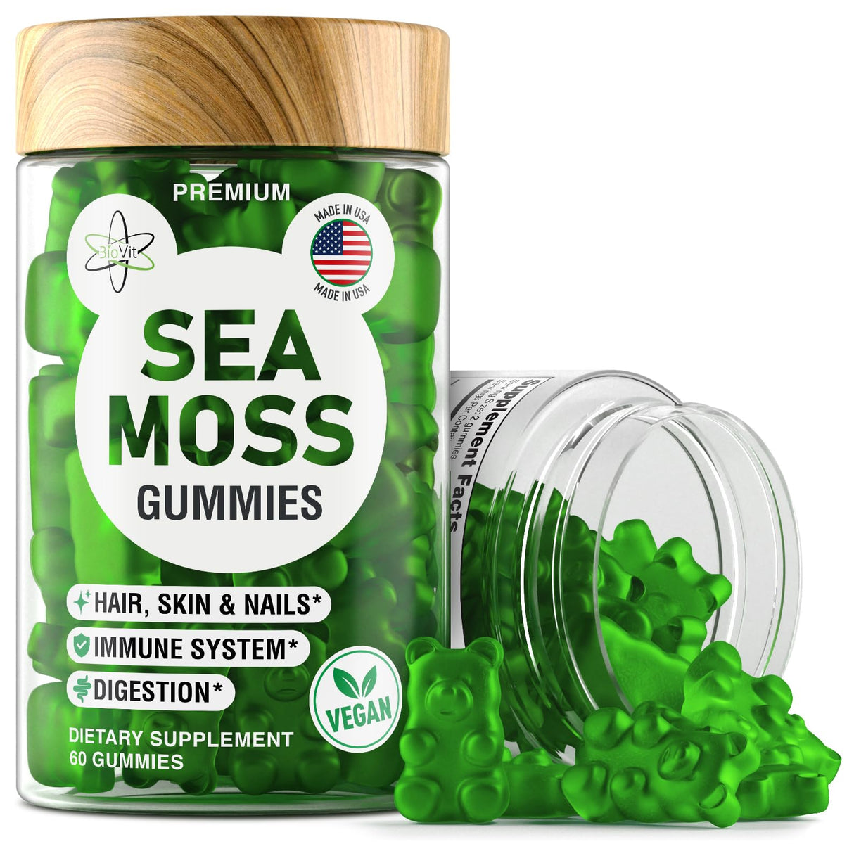 BioVit Sea Moss Gummies - Wildcrafted Irish Sea Moss for Adults & Kids - Seamoss Gel with Bladderwrack & Burdock Root Extract - 60 Vegan Gummies