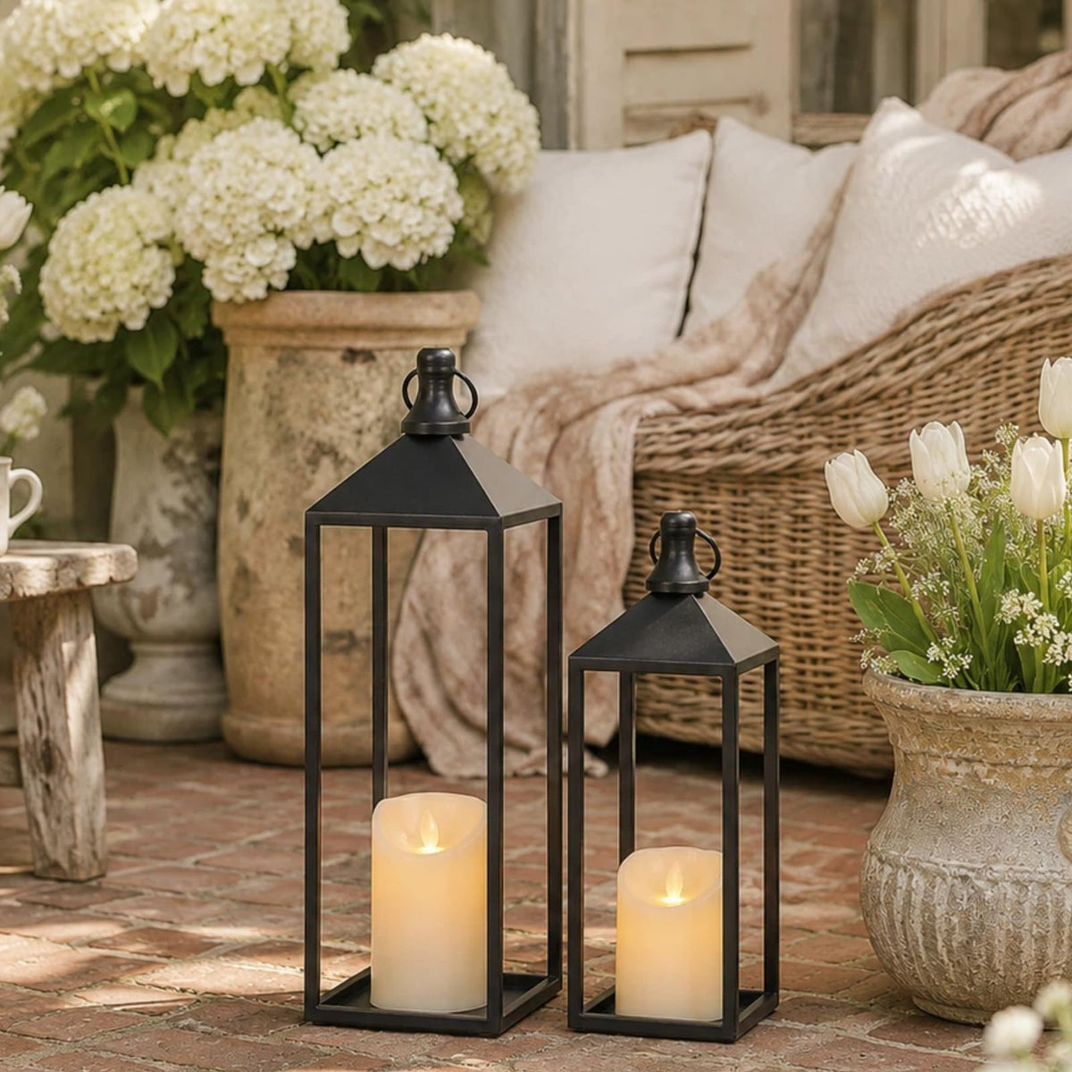 Lanterns Decorative Outdoor Indoor, 17" 13" Set of 2 Black Candle Lanterns