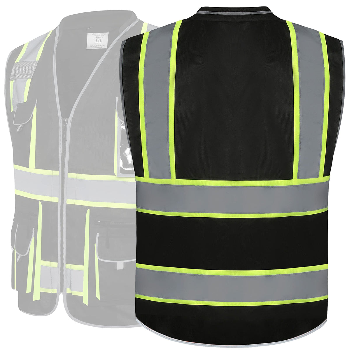 JKSafety 10 Pockets Hi-Vis Zipper Front Black Safety Vest | Cushioned Collar | High Reflective Tapes with Extended Neon Yellow Strips | Meets ANSI/ISEA Standards (Large, 89-Black)