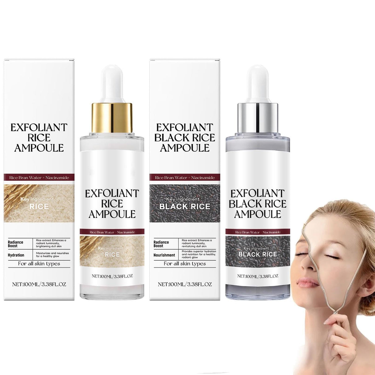 2Pcs Black and White Rice Exfoliant, Rice Ampoule Duo White Rice Ampoule Black Rice Exfoliating Peeling Solution, Moisturizing & Pore Minimizer for Face (Black & White Rice Exfoliant)