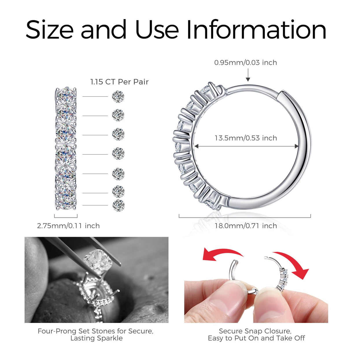 1.15CT Moissanite Hoop Earrings for Women, 925 Sterling Silve Huggie Hoops