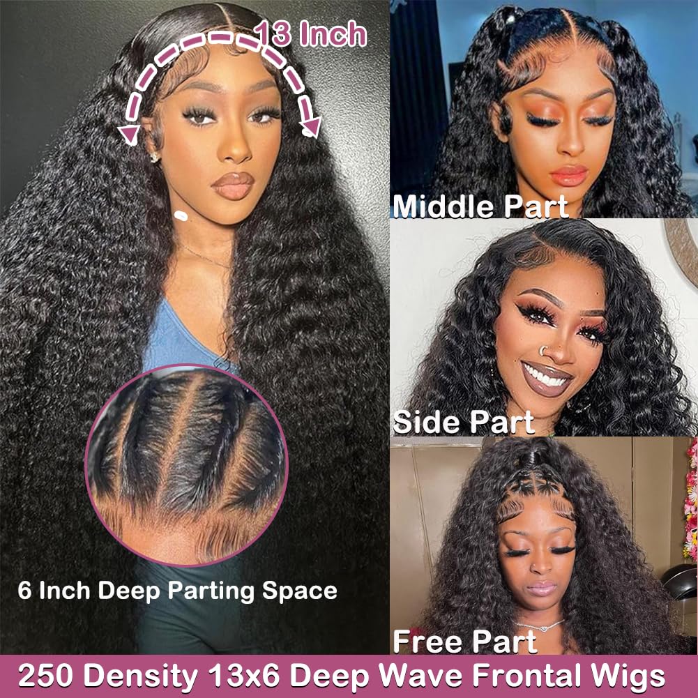 EGOTOI 250% Density HD Lace Front Wigs Human Hair 13x6 Deep Wave Lace Front Wigs Human Hair 28inch Bleached Knots Pre Plucked Curly Human Hair Wig for Women 100% Human Hair Natural Color