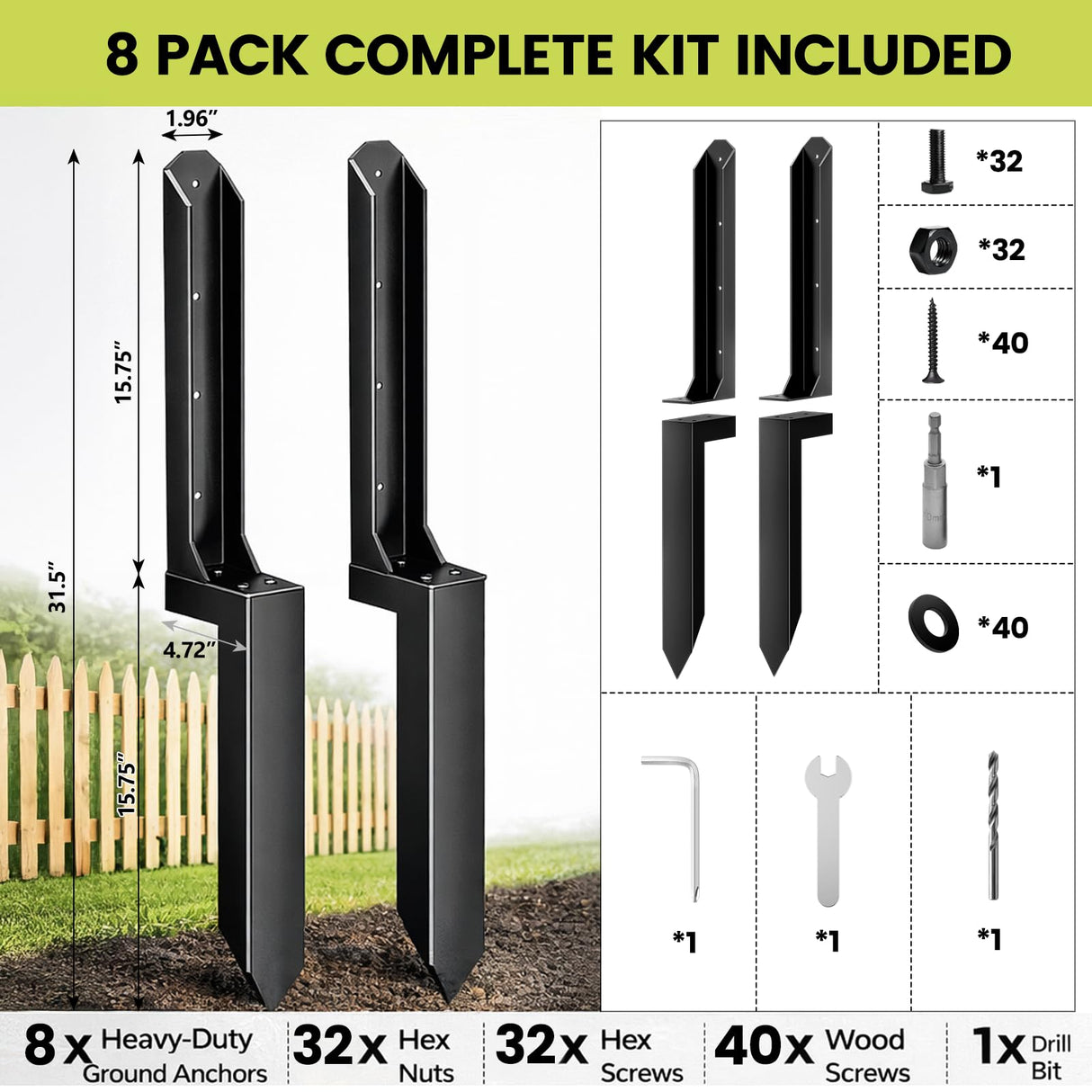 8 Pack Fence Post Repair Kit, Heavy Duty Steel Ground Spike Anchor for Fixing Leaning or Broken 4x4 & 6x6 Wood Posts, No Dig Drive-in Support for Yard, Garden & Fence