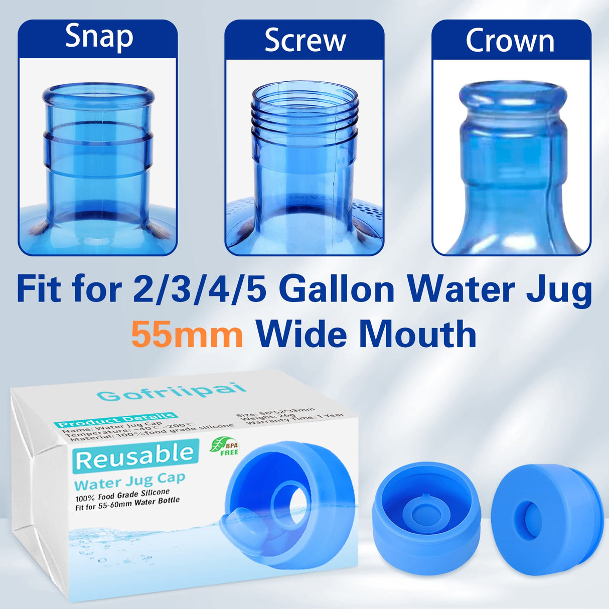 Gofriipai 3 and 5 Gallon Water Jug Cap, Silicone Reusable Replacement Cap, Non Spill Bottle Caps for 55mm Bottle Water Dispenser Caps - Pack of 10