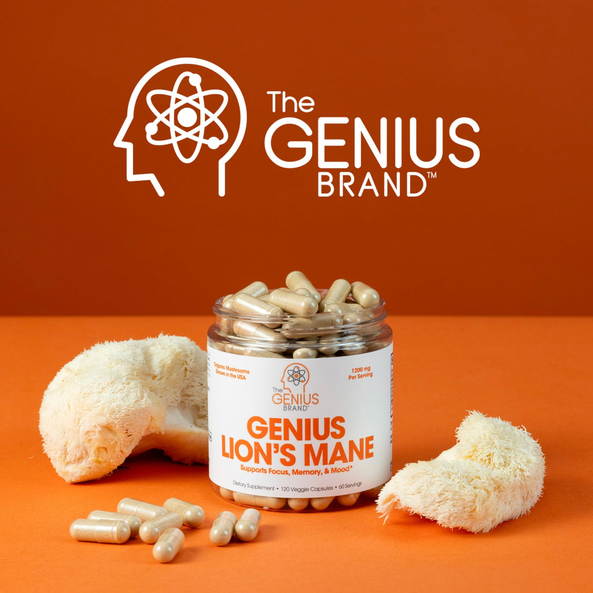Genius Lion’s Mane Supplement Capsules – Organic Full Spectrum Mushrooms for Cognition, Focus & Memory – 1,200mg Per Serving, 120 Count (60 Servings) – Grown in The USA