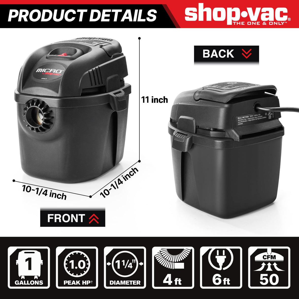 Shop-Vac 2021005 1 Gallon Micro Wet/Dry Vacuum, 1.0 Peak HP, 1.25 Inch Diameter x 4 Foot Hose, 6 Foot Cord, Lightweight and Portable, Quick Wet/Dry Pickup
