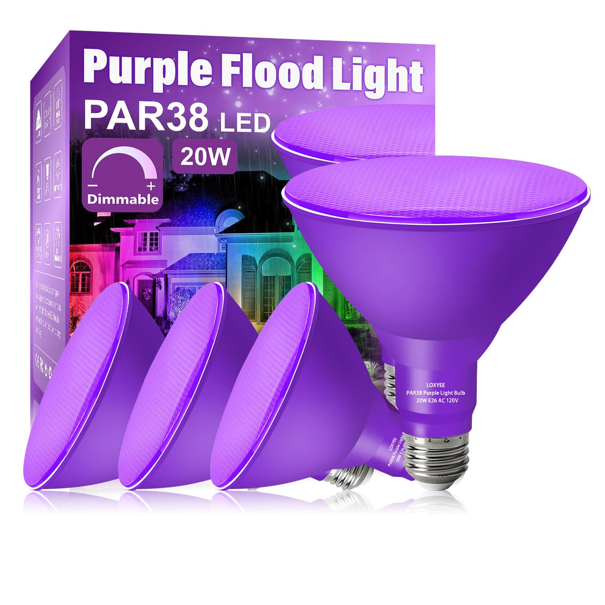 LOXYEE PAR38 Flood Purple Light Bulbs,4 Pack Dimmable,E26 Base Purple Flood Light Outoor(20W Replace to 200W),Halloween Light Bulb for Outside,Christmas,Holiday Lighting