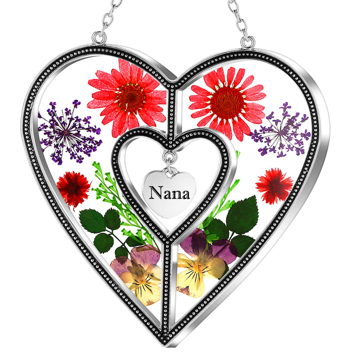 KY&BOSAM Nana Gifts Heart Suncatcher Stained Glass Panel Suncatchers for Window Hanging Ornament Wind Chime Pressed Flower Embedded in Glass and Heart Charm Birthday Gifts for Nana