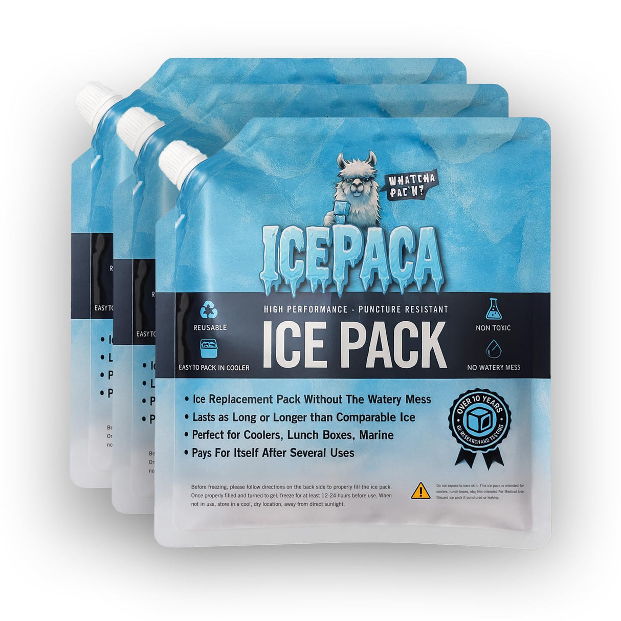 Icepaca Ice Pack for Coolers, (3 Pack) High Performance, Reusable Long-Lasting Cold Pack for Lunch Boxes, Camping, Travel & Marine Use – Non-Toxic, Leakproof, No Watery Mess, Small Size (10"X10")