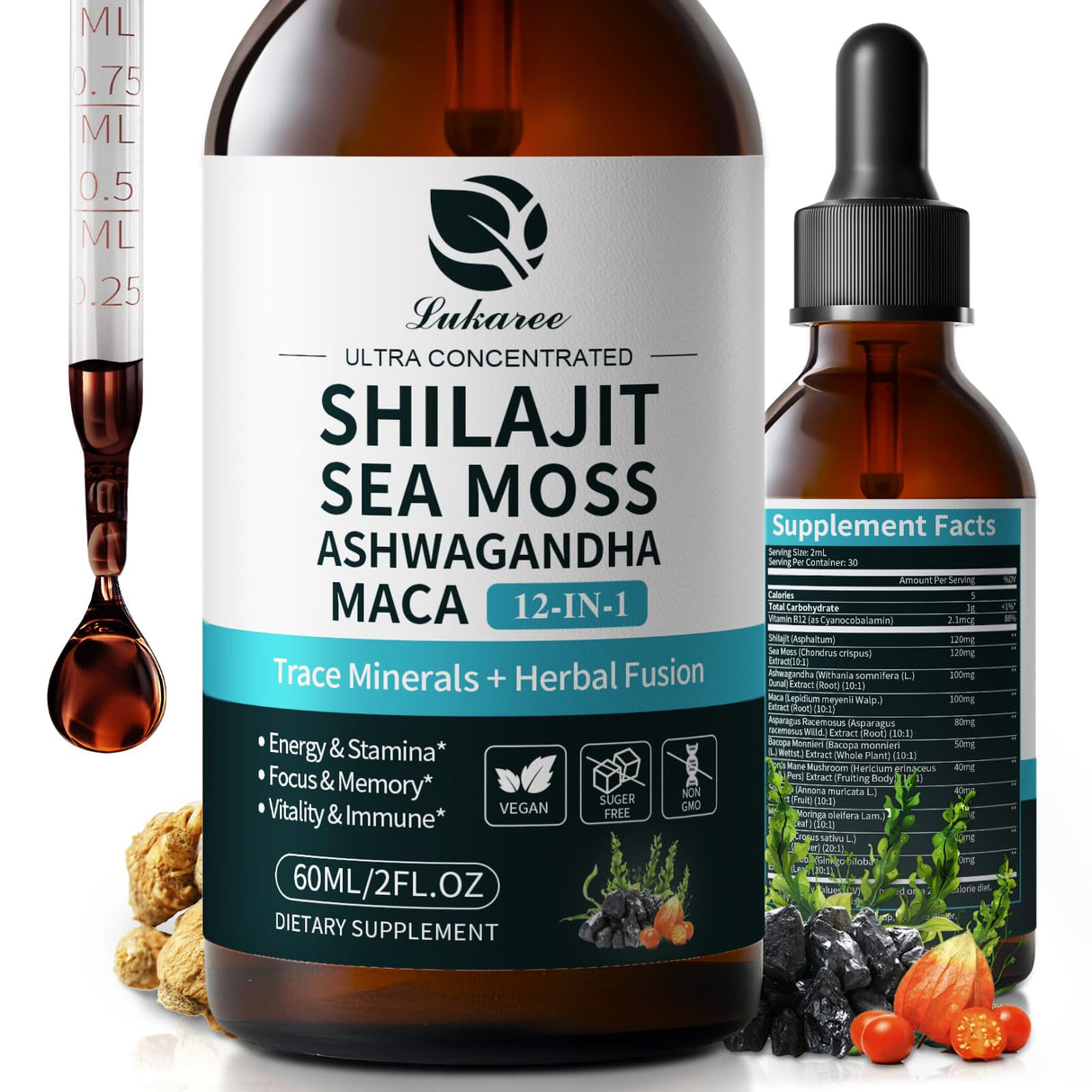 Shilajit Liquid Drops, 12-in-1 Complex - Sea Moss, Ashwagandha, Maca, Fulvic Acid, Trace Minerals, Liquid Vitamins Supplement for Men and Women, Energy, Antioxidant, Immune Support, 60ML/2 FL Oz