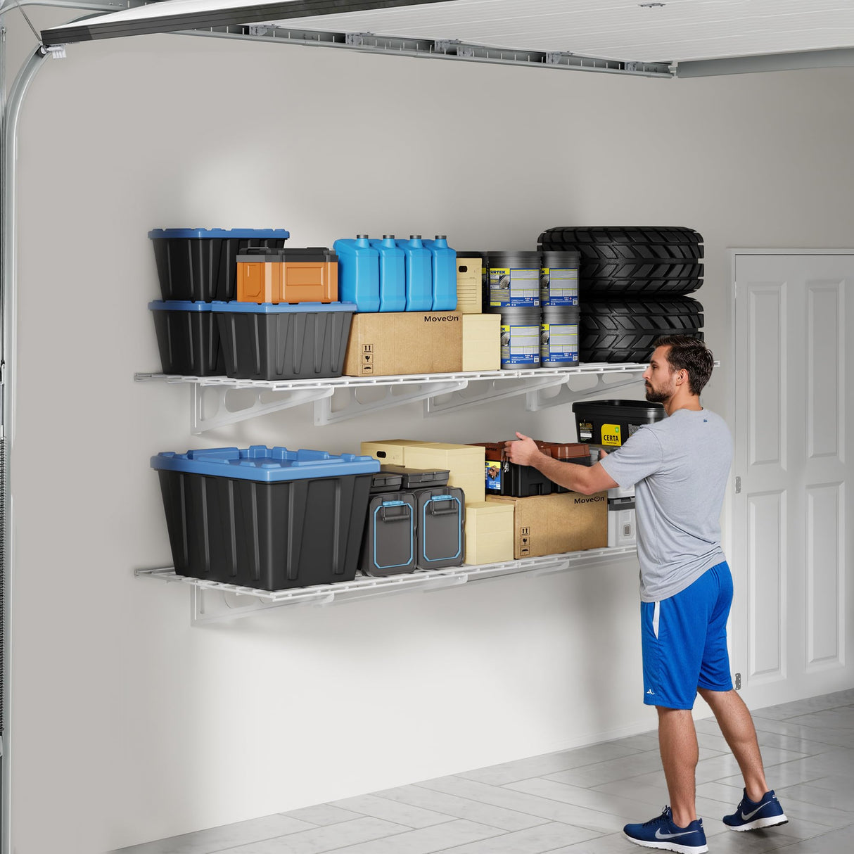 FLEXIMOUNTS 2-Pack 2x6ft Garage Shelving 24-inch-by-72-inch Heavy Duty Wall Mounted Shelves Garage Storage Rack Floating Shelves, 1400lbs Load Capacity, White, Classic Series