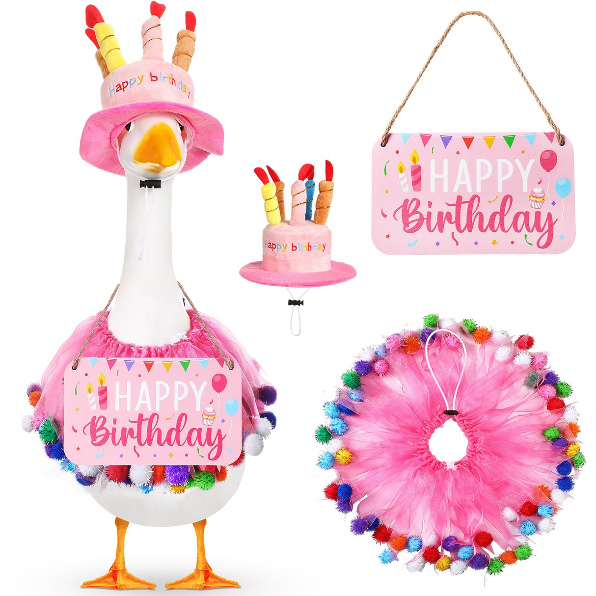 Memorywuu Happy Birthday Porch Goose Outfit Lawn Goose Cloth Costume for 23" Cement Plastic Patio Yard Statue Outdoor(Pink,Tutu Skirt)