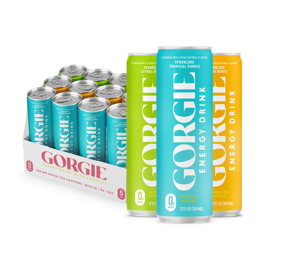 GORGIE Tropical Variety, Sugar-Free Natural Energy Drink Sparkling, Healthy Energy Drinks - Green Tea, Biotin, B Vitamins -150mg Caffeine, Vegan, & Low Calorie (Pack of 12)
