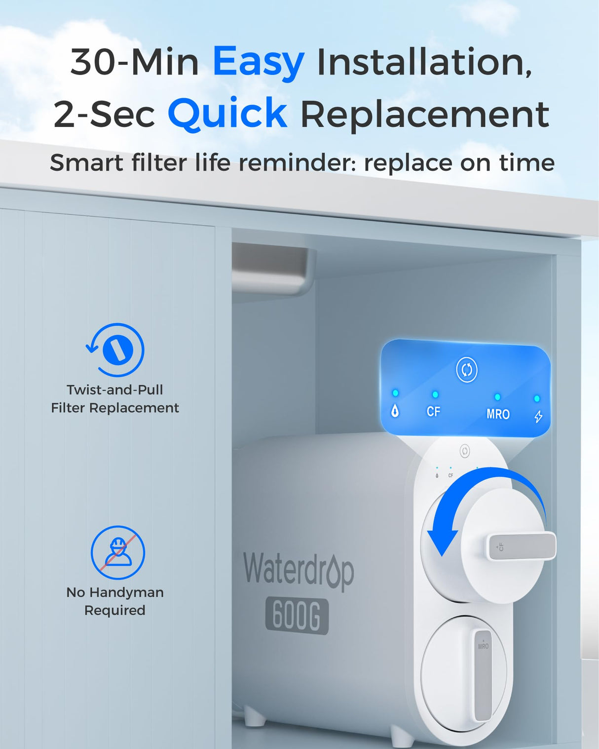 Waterdrop G2CF Filter, Replacement for G2 & G2P600 & G2MNR Reverse Osmosis System, 12-Month Lifetime