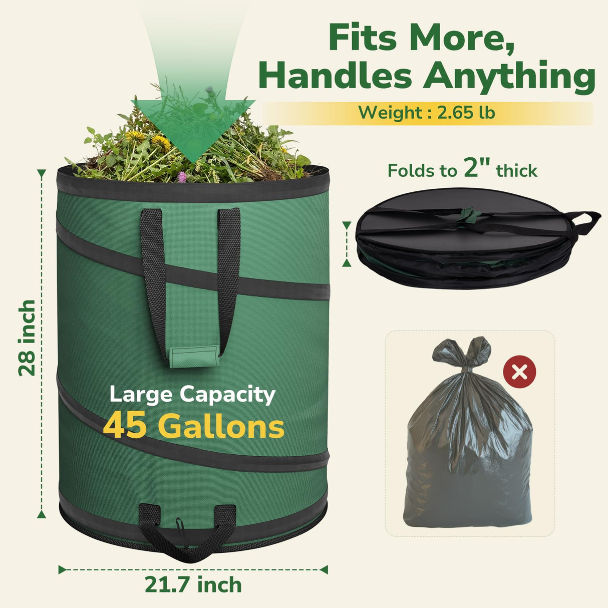 GreatBuddy Collapsible Trash Can 45 Gallon 2 Pack, Pop Up Yard Waste Bags, 600D Oxford Lawn and Leaf Bags with Drainage Holes, Self-Standing Camping Trash Can, Foldable Garden Bag for Leaf Cleanup