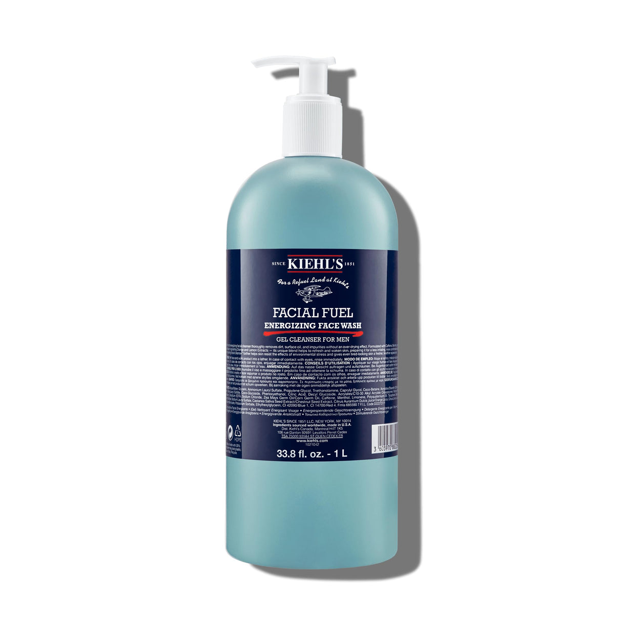 Kiehl's Facial Fuel Face Wash, Refreshing + Invigorating Men's Gel Cleanser, with Caffeine, Vitamin E and Menthol, Non-Drying Formula Moisturizes Skin, Great for Clogged Pores - 33.8 fl oz