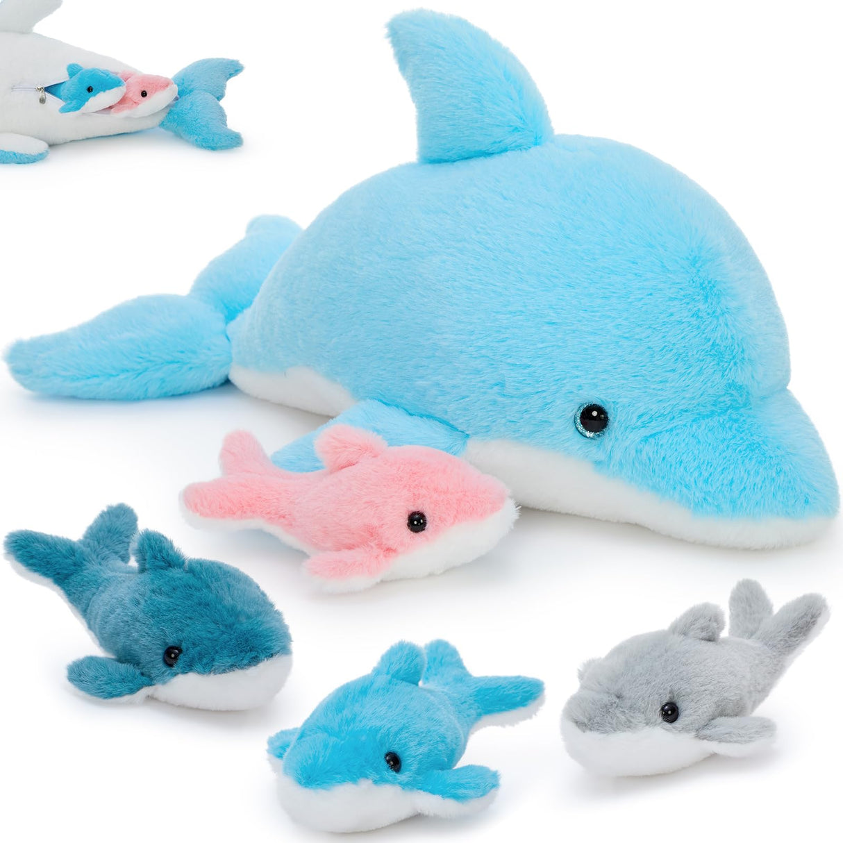 Tezituor Dolphin Stuffed Animal with 4 Babies, 20.5" Large Dolphin Plush Toy Realistic Ocean Stuffed Animals Soft Plushies Home Decor Christmas Birthday Gifts for Boys Girls Kids