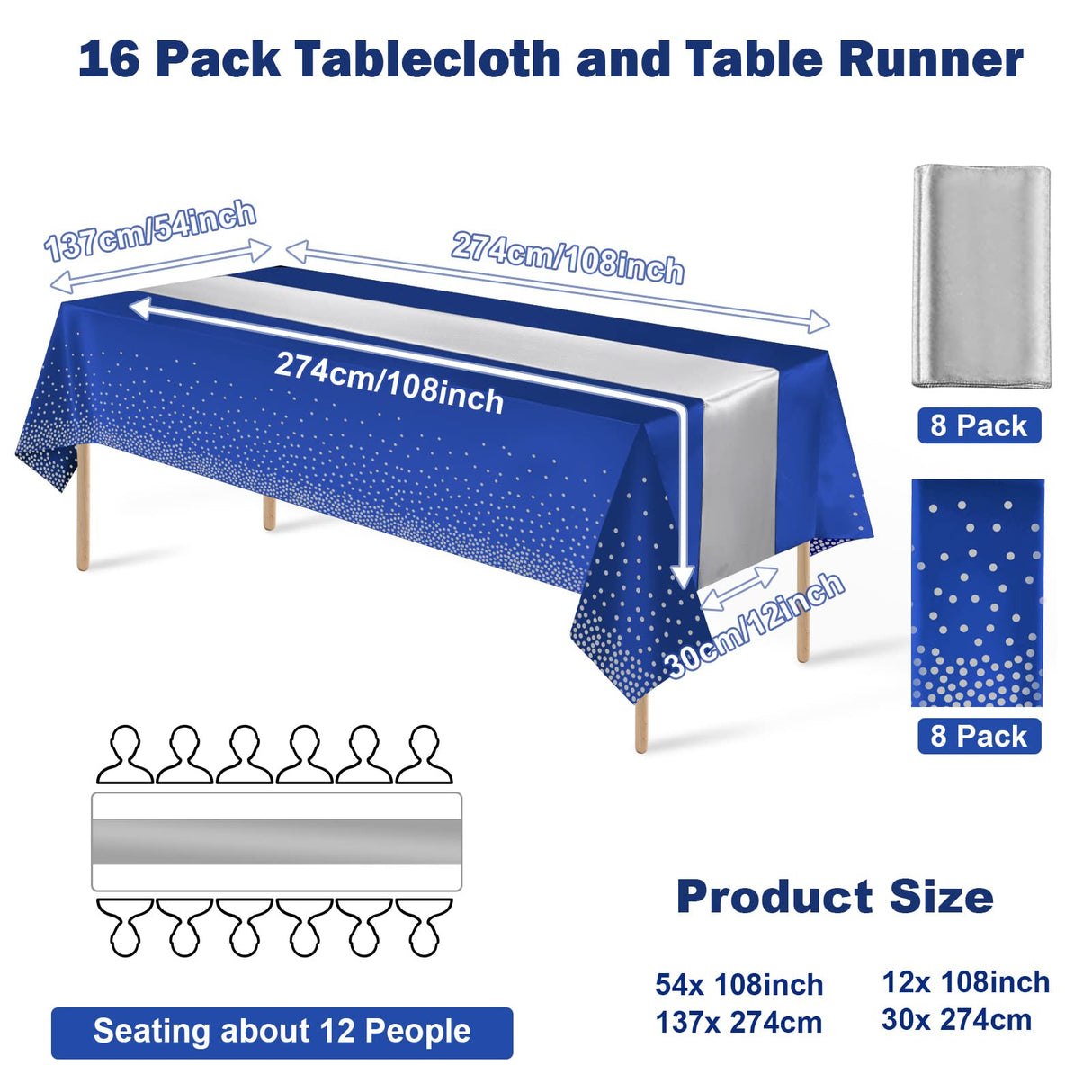 16Pack Disposable Plastic Tablecloths and Satin Table Runner Set Blue and Silver Dot Tablecloth Silver Satin Table Runner for Wedding Birthday Baby Shower Anniversary Christmas New Year Party Supplies