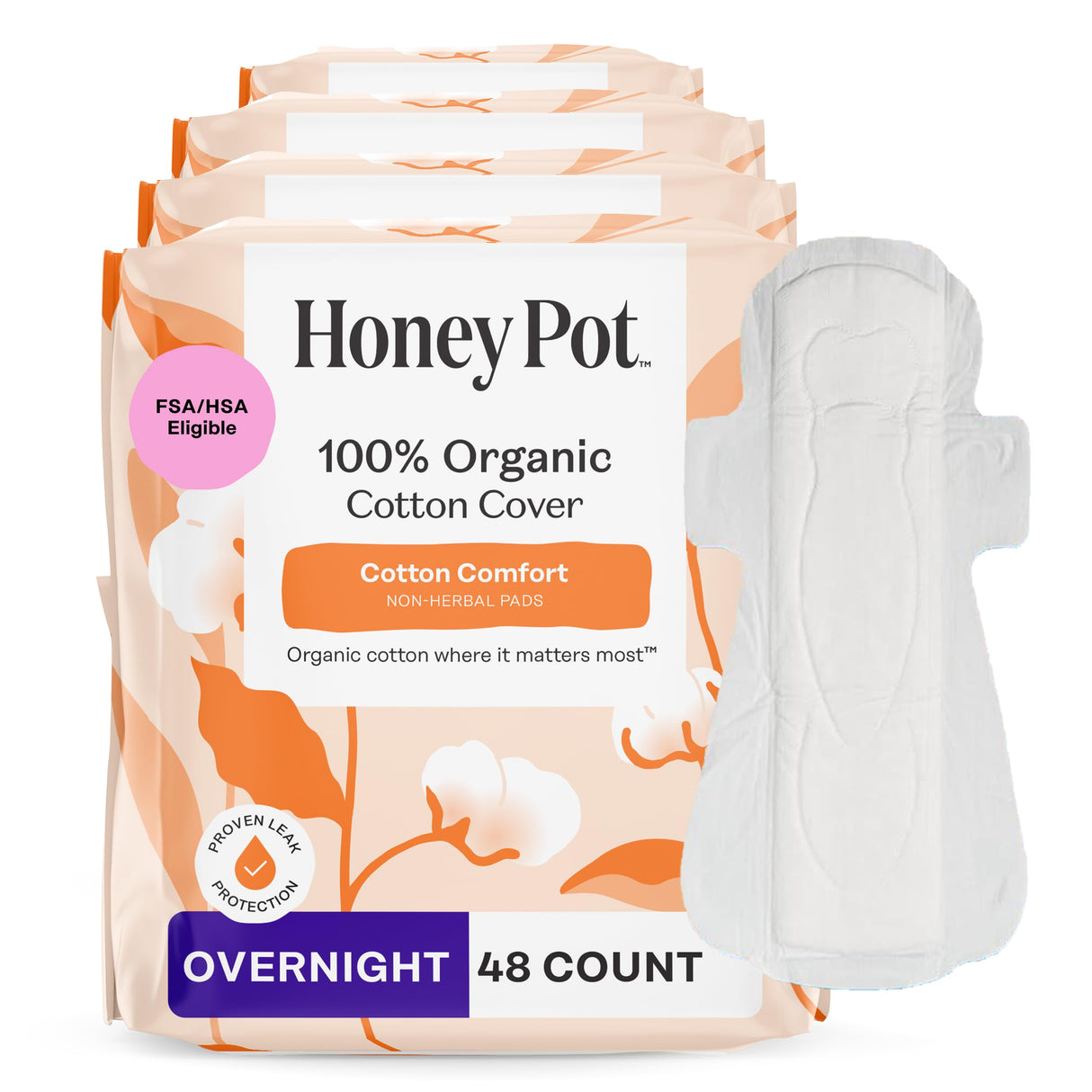 The Honey Pot Company - 48ct - Sanitary Pads for Women - Non-Herbal Overnight w/Wings - Organic Cotton Cover & Ultra-Absorbent Pulp Core - Feminine Care - FSA & HSA Eligible