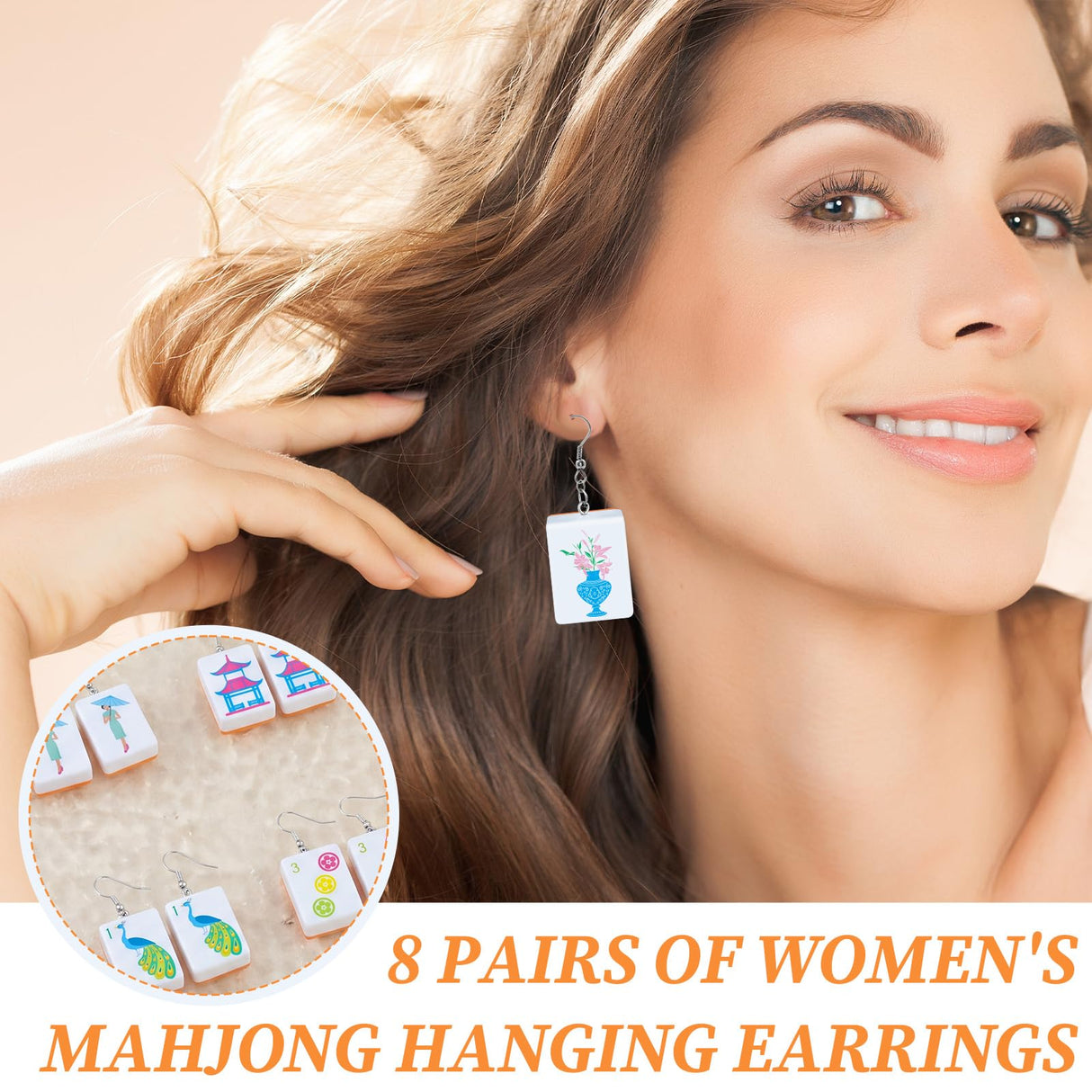 Highergo 8 Pairs Mahjong Drop Earrings for Women Handmade Resin Dangle Earrings with Hook Closure Funny Jewelry Gift for Mahjong Tile Lovers Birthday