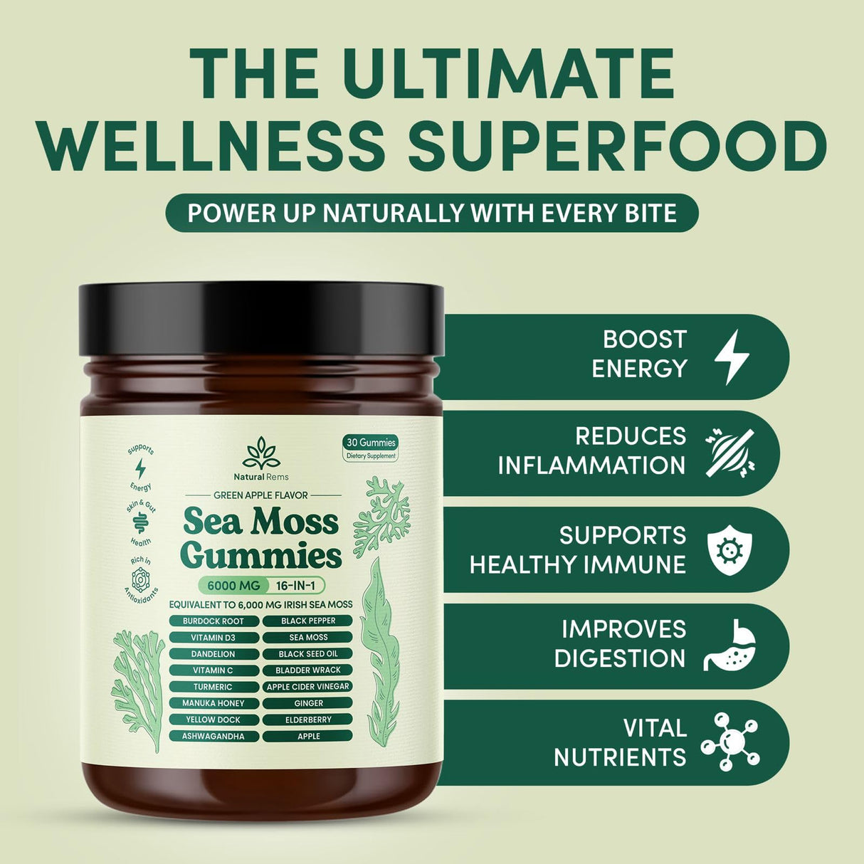 Natural Rems Sea Moss Gummies 16-in-1 - Ashwagandha Black Seed Oil Bladder Wrack Turmeric Vitamin C & D3 with Manuka Burdock Root Dandelion Yellow Dock Elderberry Apple Cider Vinegar (Green Apple)