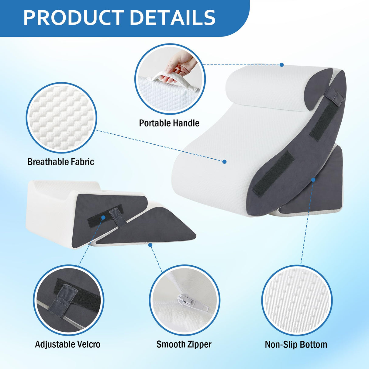 Ahpmeoa 5Pcs Orthopedic Bed Wedge Pillow Set for After Surgery, Adjustable Wedge Pillow for Acid Reflux Relief, Bed Wedge Pillow Post Surgery, Memory Foam Wedge Pillows for Sleeping, White/Grey