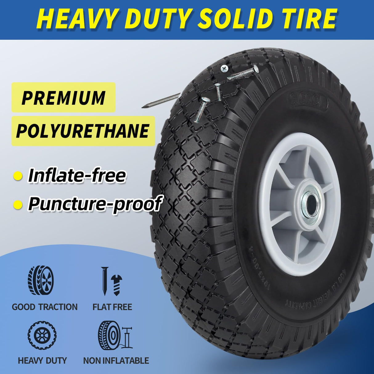 10x3.00-4 Flat Free Tire, 10" Heavy Duty Replacement Tire and Wheel Assemblies, Compatible Cosco Hand Trucks and Trolley Carts, 5/8" Axle Bore Hole, 2.2" Offset Hub, 2-Pack