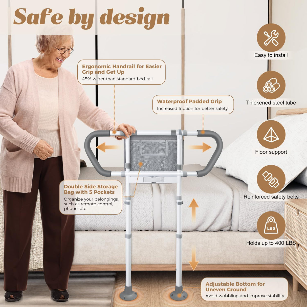 easymake Bed Rails for Elderly Adults Safety: Adjustable Bedside Assist Rails with Storage Pockets, Non-Slip Handles, Sensor Night Light, 400LB Gravity Capacity