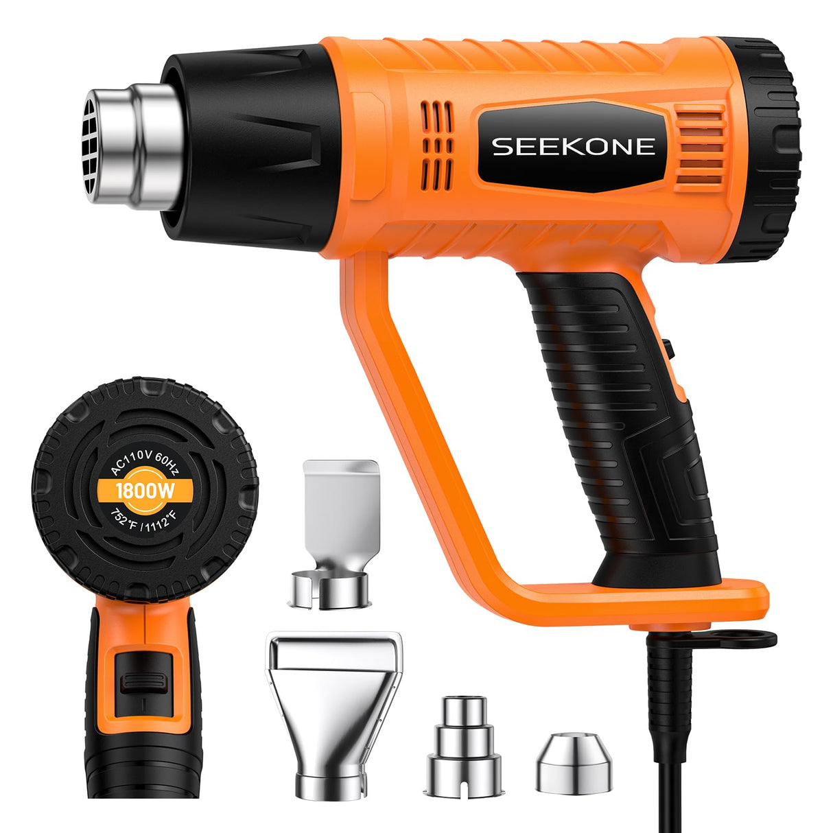 SEEKONE Heat Gun 1800W Heavy Duty Fast Heat Hot Air Gun Kit with 752℉&1112℉(400℃-600℃) Dual-Temperature Settings and 4 Nozzles with Overheat Protection for Crafts, Shrinking PVC, Stripping Paint