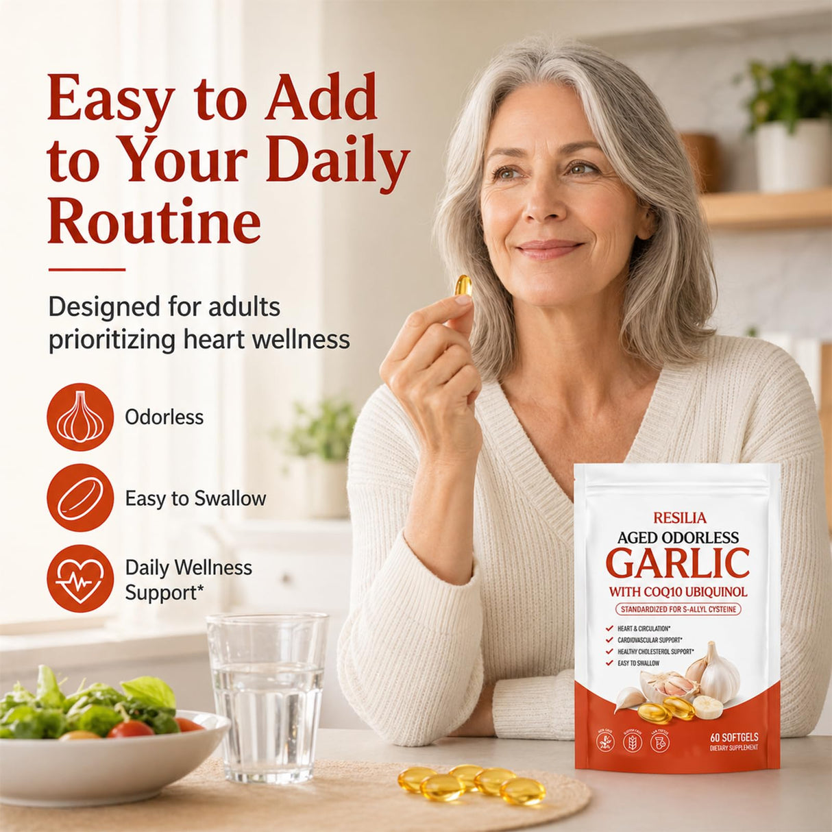MiloLabCo Resilia Aged Garlic Extract Softgels with CoQ10 Ubiquinol, Odorless 2-Year Matured Garlic Supplement, Non-GMO, 60 Softgels