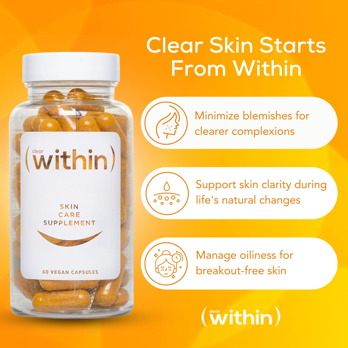 Clear Within Clear Skin Vitamin - with 10 Natural Ingredients for Acne-Free, Clearer Complexion, Oil Control & Blemish Minimization. Supports Skin Clarity | Non-Synthetic 60 Cap/Bottle
