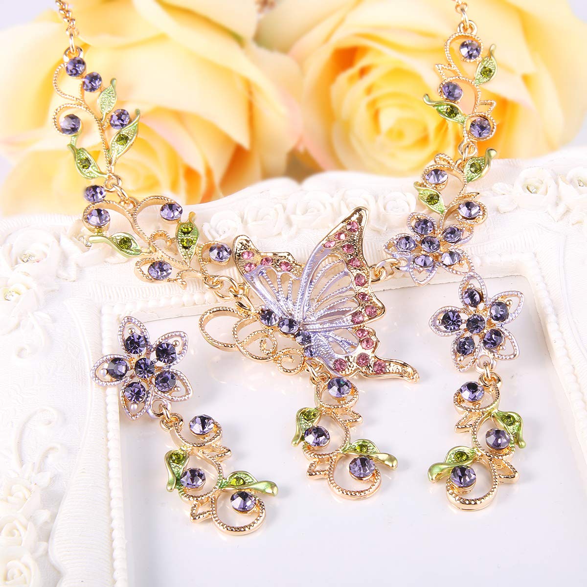 EleQueen Women's Butterfly Flower Leaf Purple Necklace Earrings Set