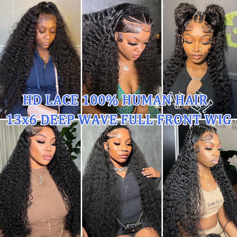 DaXunDi Deep Wave Lace Front Wigs Human Hair 13x6 Curly Wig Human Hair 200% Density HD Lace Front Wigs Human Hair Pre Plucked Deep Wave Wig for Women with Baby Hair (22 Inch)