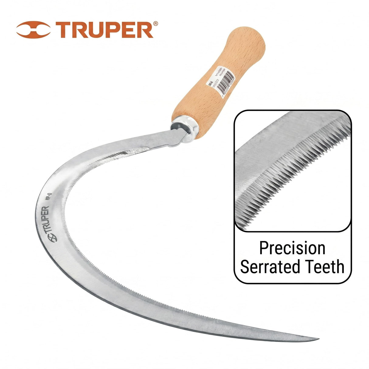 Truper Serrated Grass Sickle 16", High-Carbon Steel Blade, Lightweight Wooden Handle, Hand Scythe for Manual Harvesting and Weed Clearing (Model 15120)