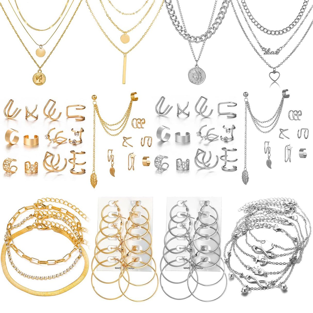 CONGYING 60 PCS Gold Jewelry Set with Multi-Layered Bracelet Necklace, Dangle Earrings, Stackable Ring For Women Valentine Anniversary Jewelry Pack Gifts For Her
