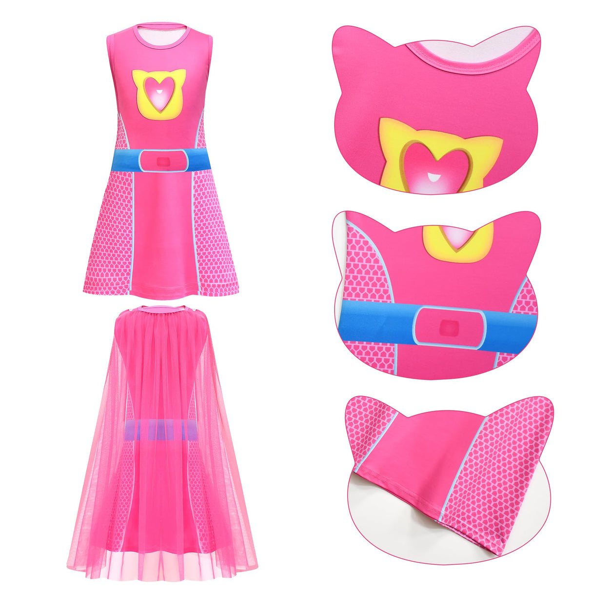 CheerfulChic Superhero Lace Cloak Dress With Headband Mask Birthday Halloween Christmas Costume For Kids(140cm) rose red