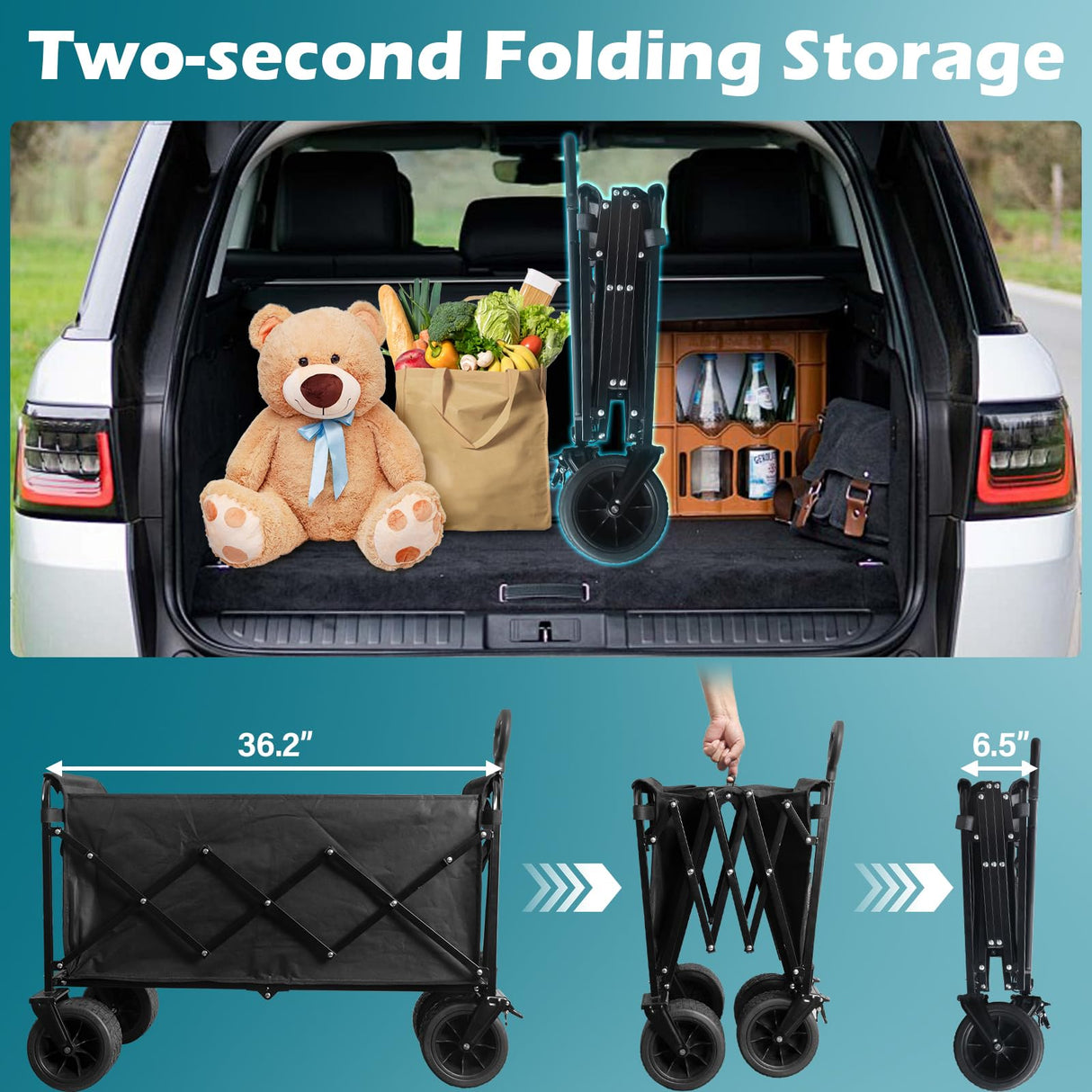 Beach Wagon with Big Wheels for Sand: 600LBS All Terrain Collapsible Beach Cart Foldable - Portable Heavy Duty Folding Utility Wagon Cart for Groceries Shopping Outdoor Camping Sports
