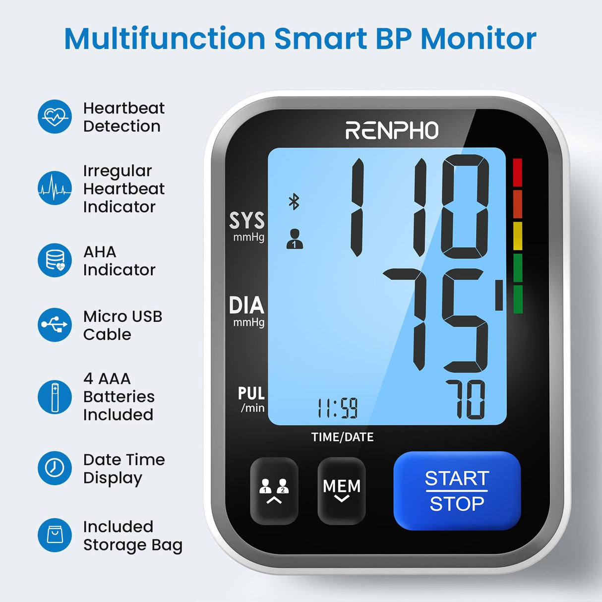 RENPHO Blood Pressure Monitor for Home Use, FSA HSA Eligible, Bluetooth Smart BP Machine with Wide Range Cuff for Large Size Adult Arms, Muti-Users, Data Storage, Family Supplies