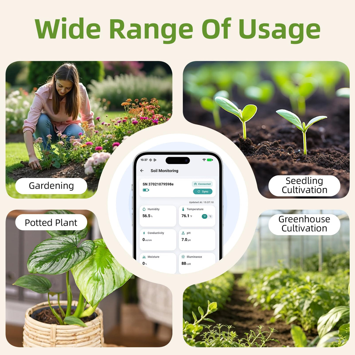 KGLLIFE 6-in-1 Soil Test Kit, pH/Humidity/Moisture/Temperature/Conductivity/Illuminance Soil Meter for Indoor & Outdoor, Soil Tester with Bluetooth Connectivity, Garden Tools for Plant Lover