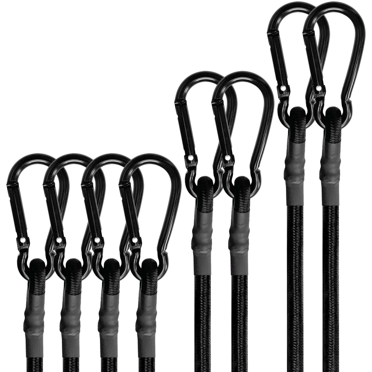 BEXSLE Bungee Cords with Carabiner Hooks Heavy Duty, Outdoor Black Bungee Straps, Strong Industrial Grade Elastic Bungee Rope for Securing Tarps, Luggage, Tents,Bikes, 12in + 24in + 48in,8pcs
