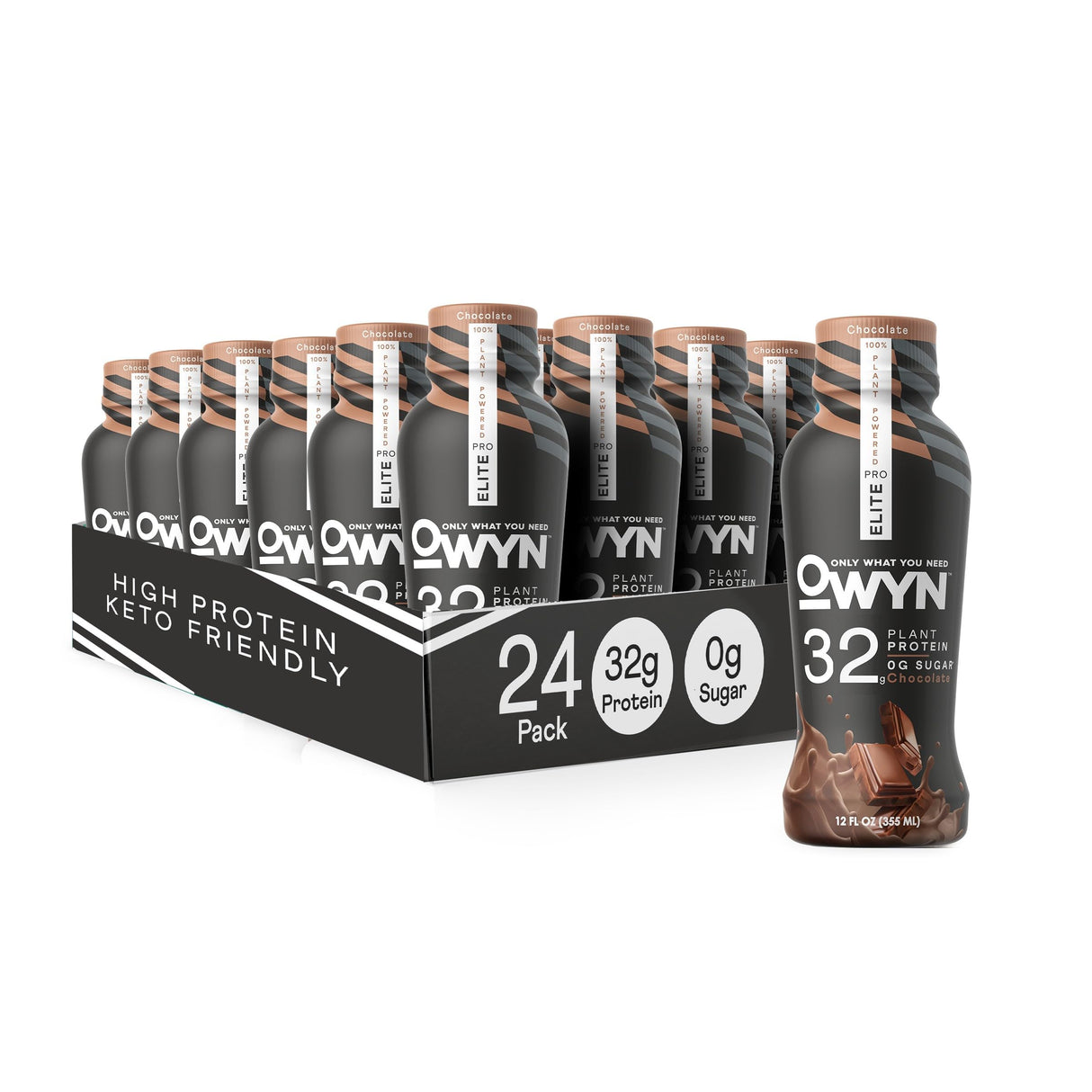 OWYN Only What You Need Pro Elite Vegan High Protein Keto Shake, 32g Protein, 9 Amino Acids, Omega-3, Prebiotics, Workout and Recovery, 0g Net Carbs, Zero Sugar (Chocolate, 12 Fl Oz (Pack of 24)