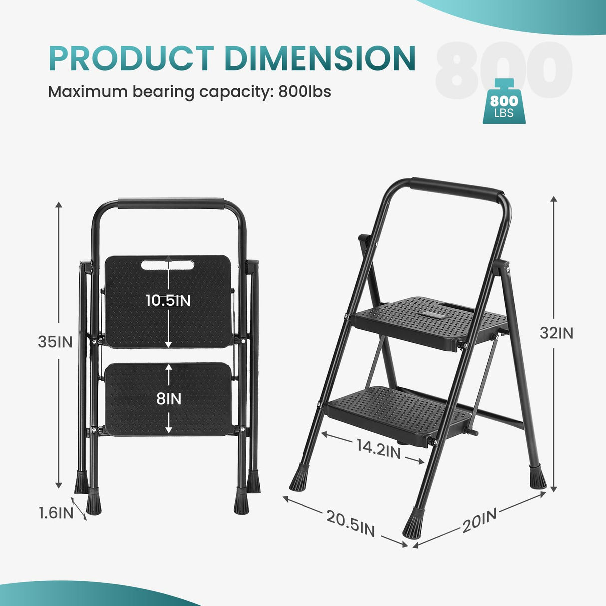 Smug Step Ladder, 2 Foldable Step Stool with Anti-Slip Pedal & Handrail