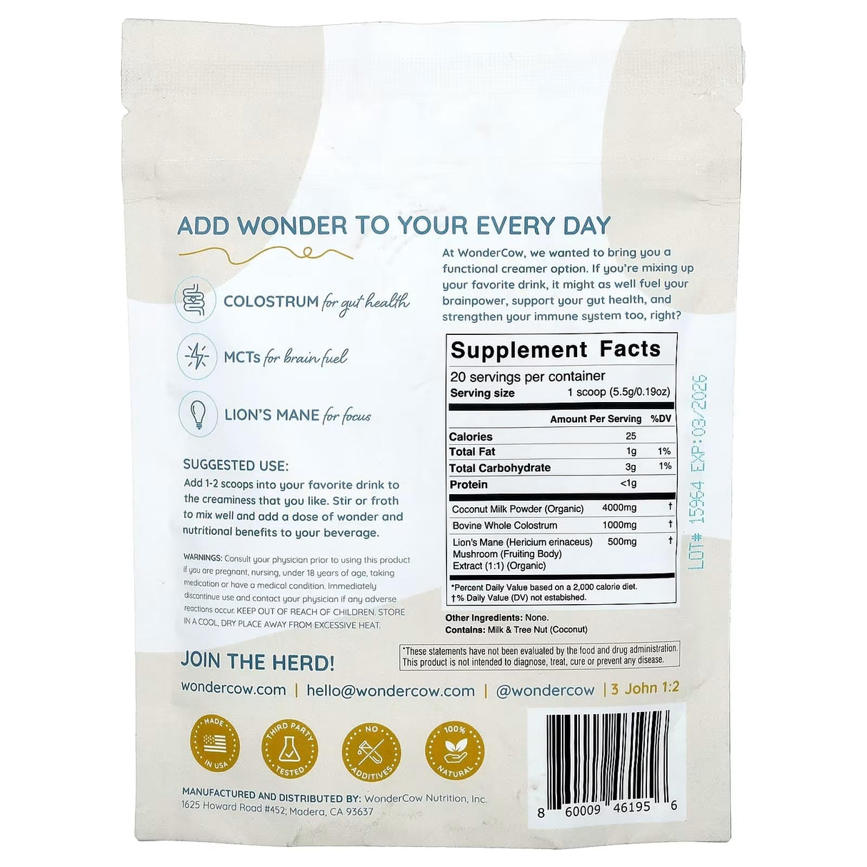 WonderCow Bovine Colostrum Superfood Creamer Supplement Powder w/Organic Lions Mane Mushroom & Coconut Milk Powder MCTs | Functional Sugar Free Keto Coffee, Smoothie & Drink Mix Unsweetened