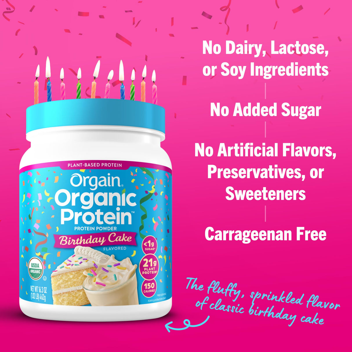 Orgain Organic Vegan Protein Powder, Birthday Cake - 21g Plant Based Protein, 7g Prebiotic Fiber, Low Net Carb, No Lactose Ingredients, No Added Sugar, Non-GMO, for Shakes & Smoothies, 1.02 lb