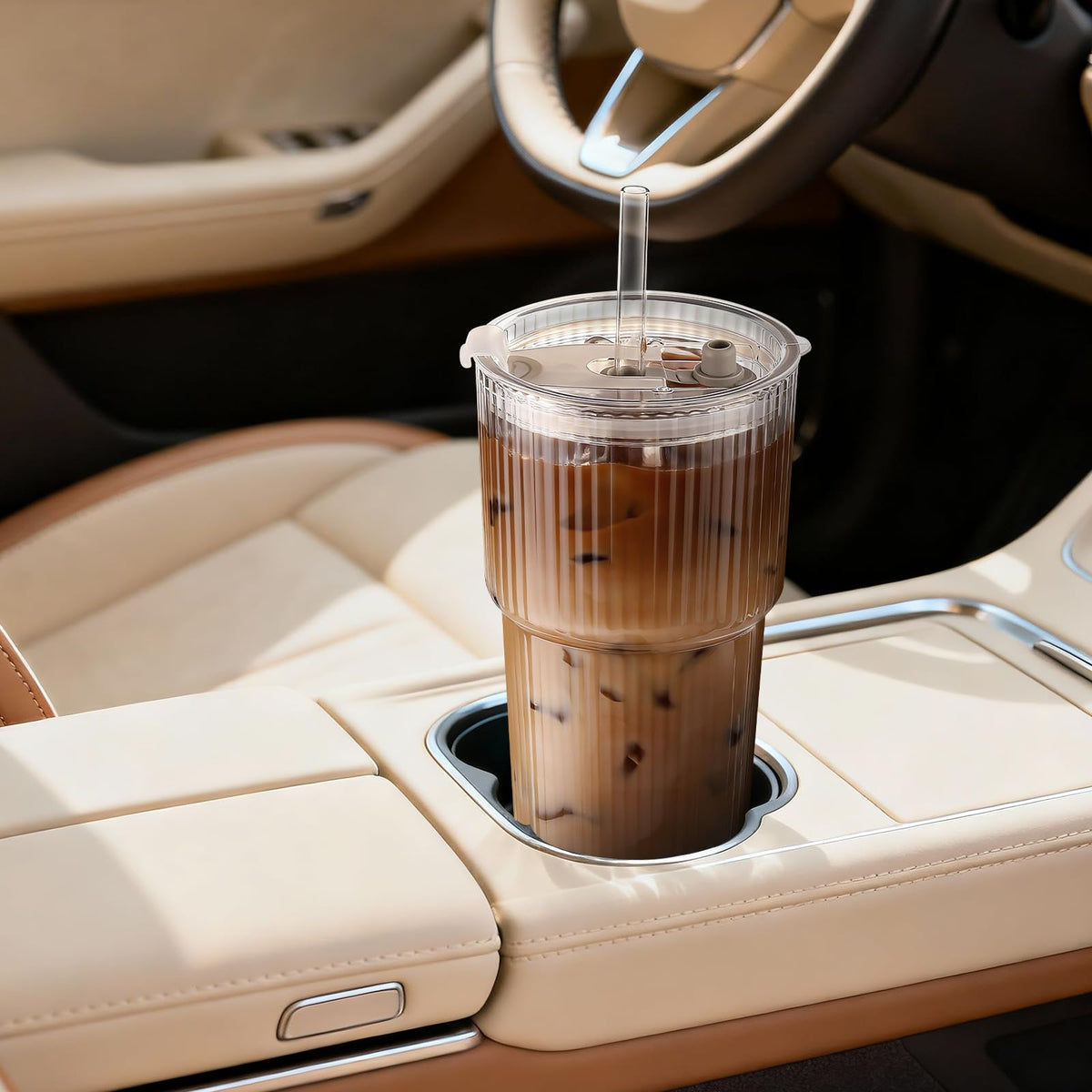 Iced Coffee Cups with Lids,Glass Cups with Lids and Straws,4 Coffee Tumbler