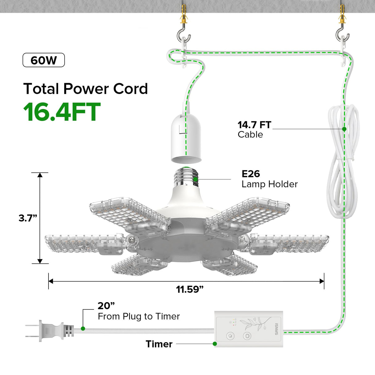 SANSI Hanging Grow Lights for Indoor Plants, 60W Hanging Plant Light with Timer, Adjustable 6-Panels, Full Spectrum, 4700LM, 4000K Daylight, Pendant Grow Light, 16.4FT Power Cord for Tall Large Plants