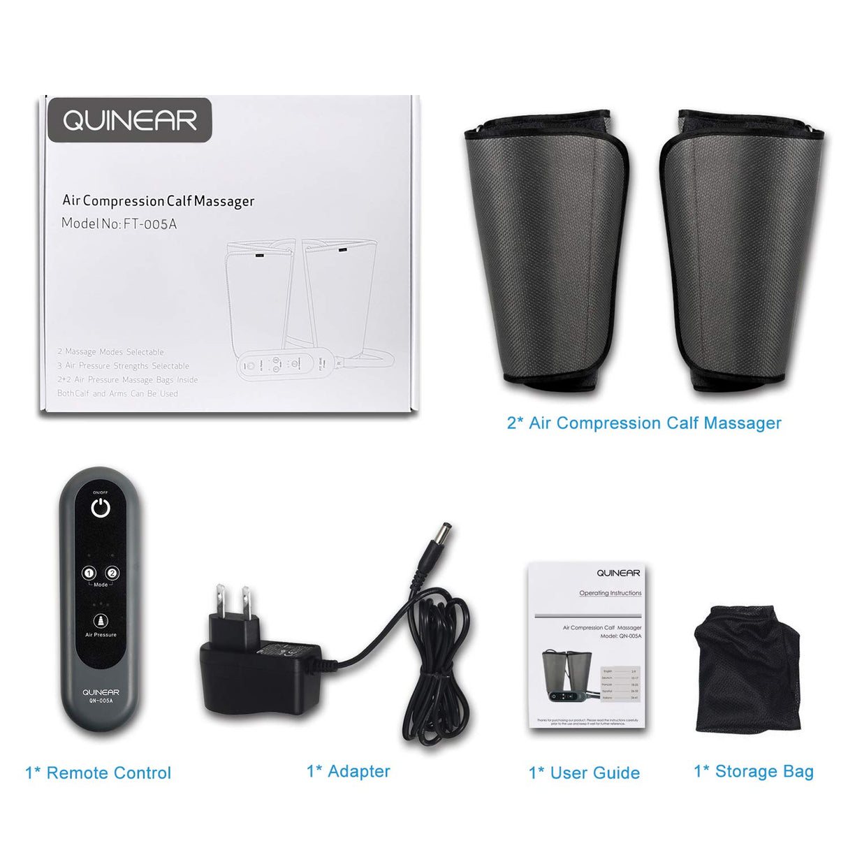 QUINEAR Leg Massager, Air Compression Calf Wraps Massager for Leg Circulation and Swelling Pain Relief 2 Modes 3 Intensities