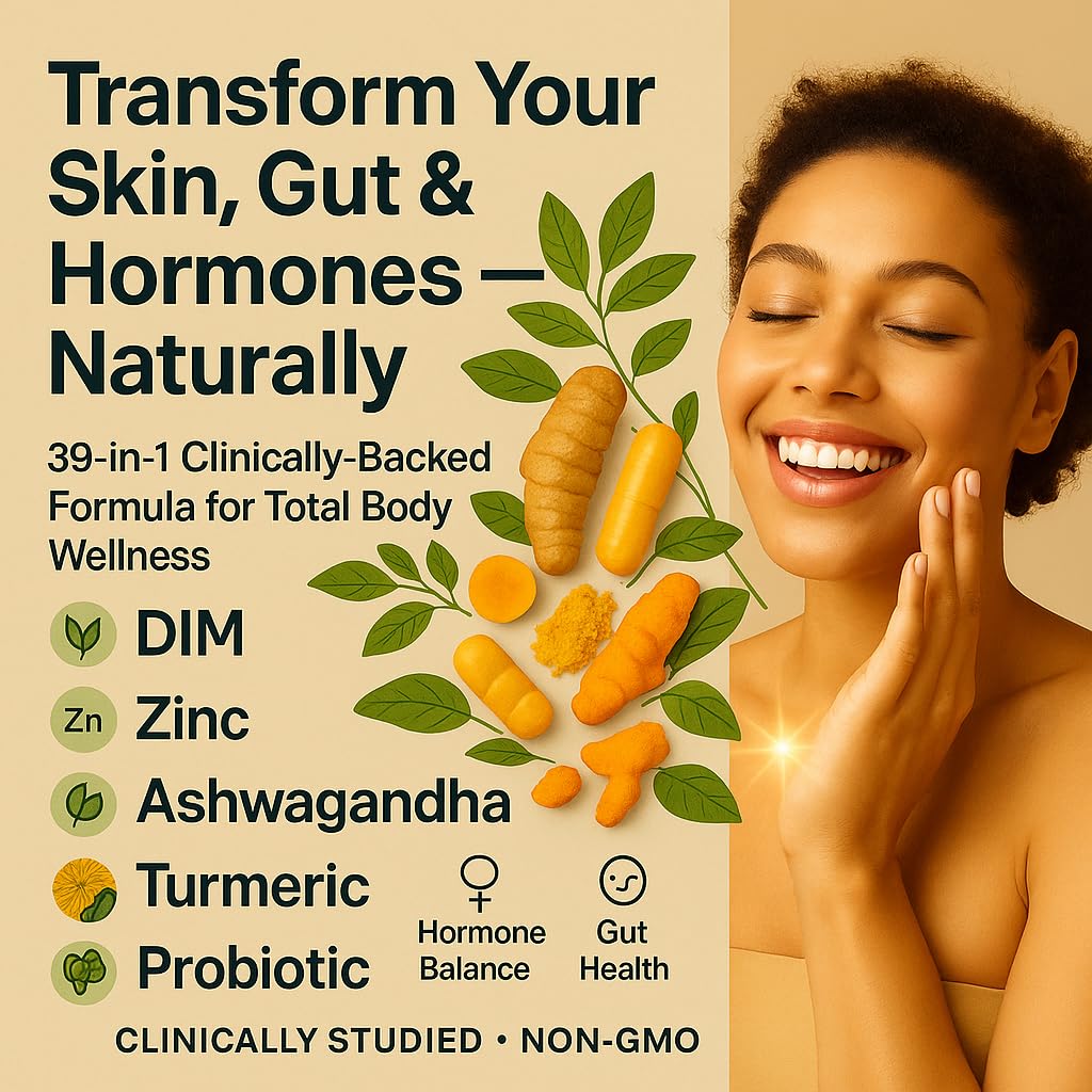 39-in-1 Skin, Gut & Hormone | Cortisol Support – with DIM, Zinc, Probiotics, Ashwagandha, Turmeric & Antioxidants – Clinically-Backed Supplement for Women & Men – Acne, Immune & Detox – 90 Capsules