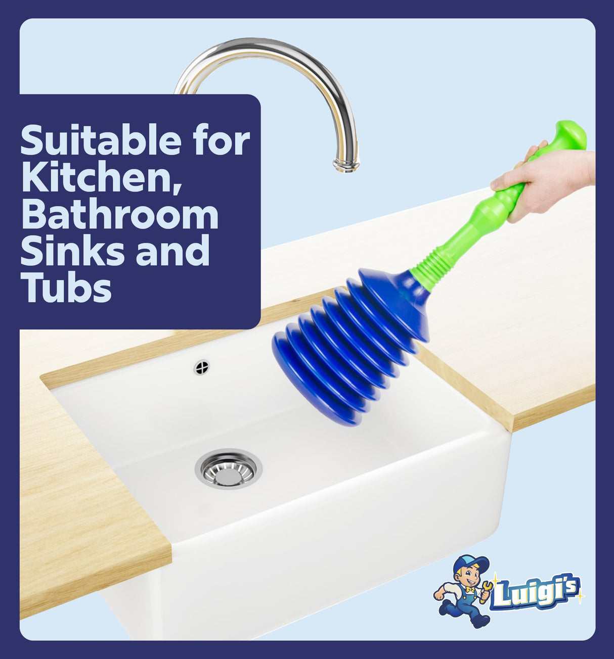 Luigi's Sink Plunger Kitchen - Sink Plunger Bathroom - Drain Bathtub or Shower - Small and Powerful Clog Remover - Commercial Style "Plumbers Plungers" with Large Bellows - Blue - Small
